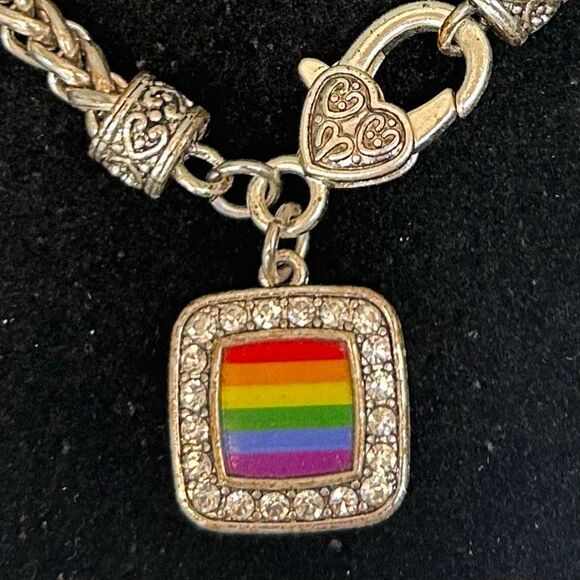 Silver-tone Charm Bracelet LGBTQ Rainbow Pride Flag Charm Chunky Wheat Chain - Picture 4 of 6